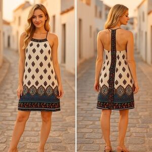 Solemio Cream and Blue Boho Mini Dress